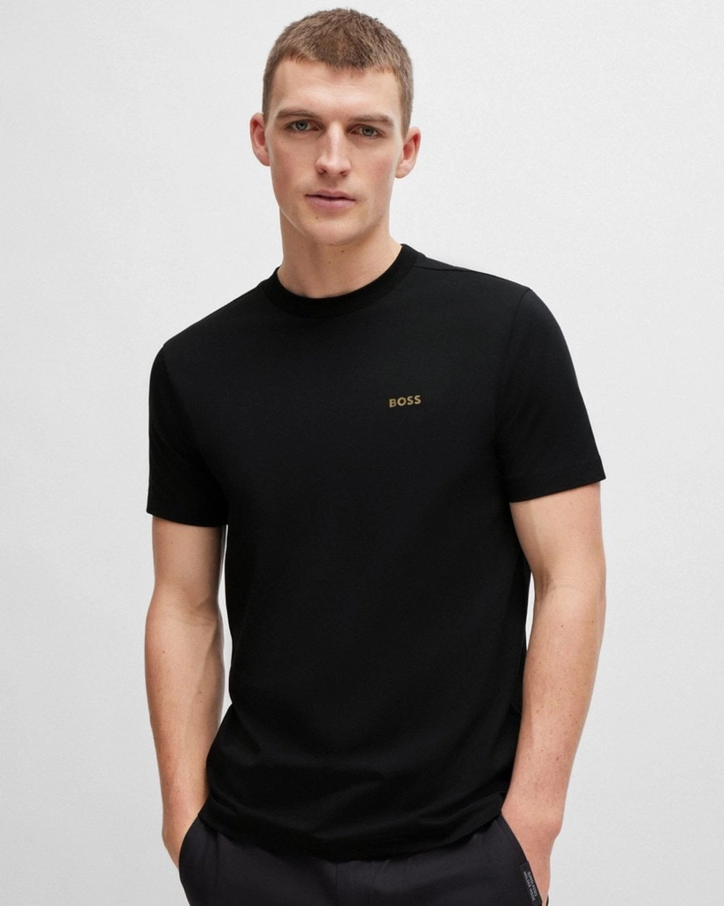 Hugo Boss Tee Mens Stretch Cotton T-Shirt with Contrast Logo NOS - Black - Size Medium
